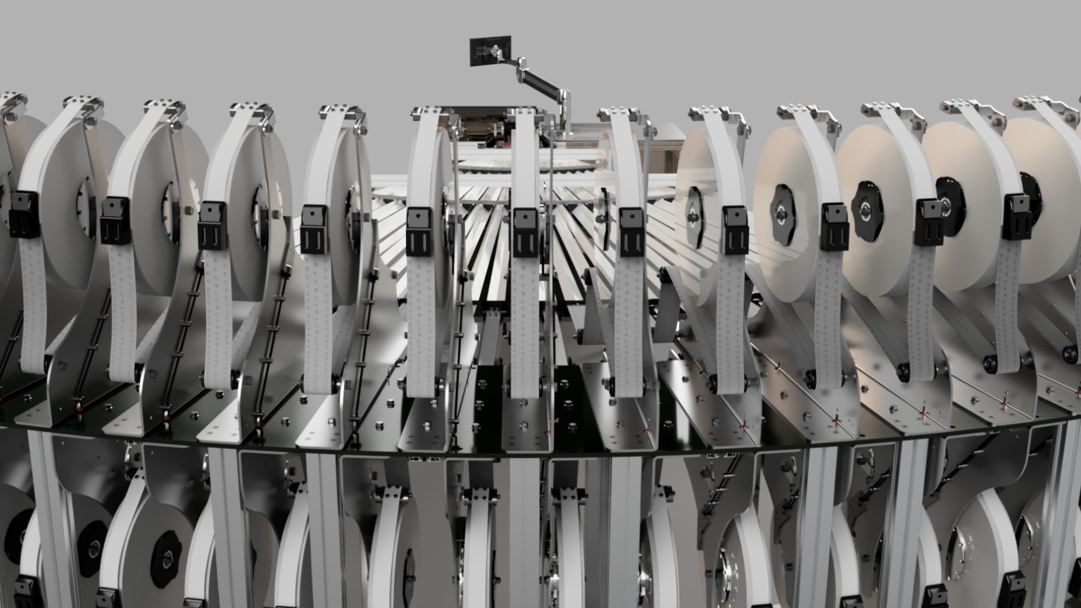 Front view of the LiiF multi-lane rolling-paper interleaving machine